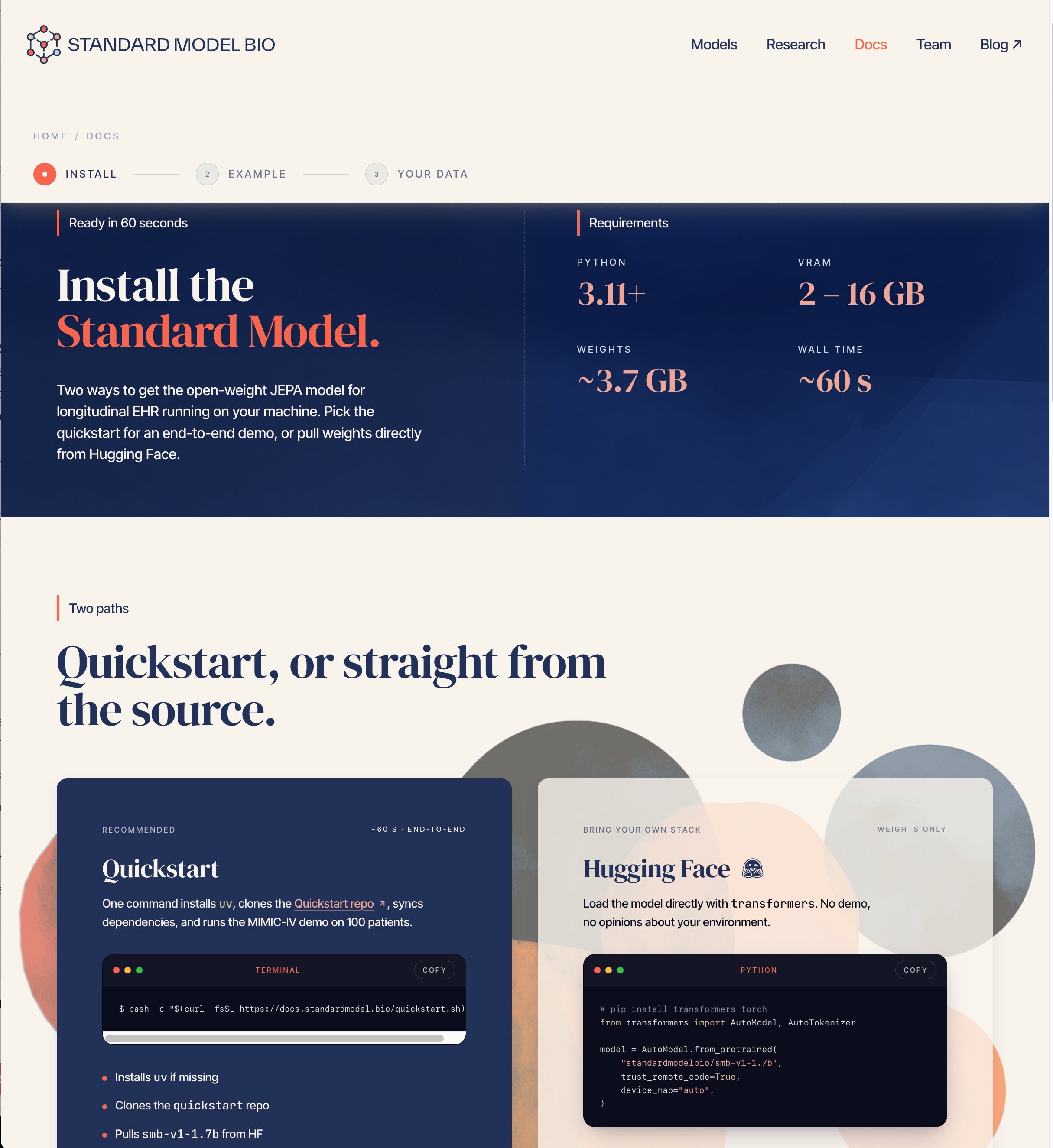 Standard Model Bio website — install & quickstart
