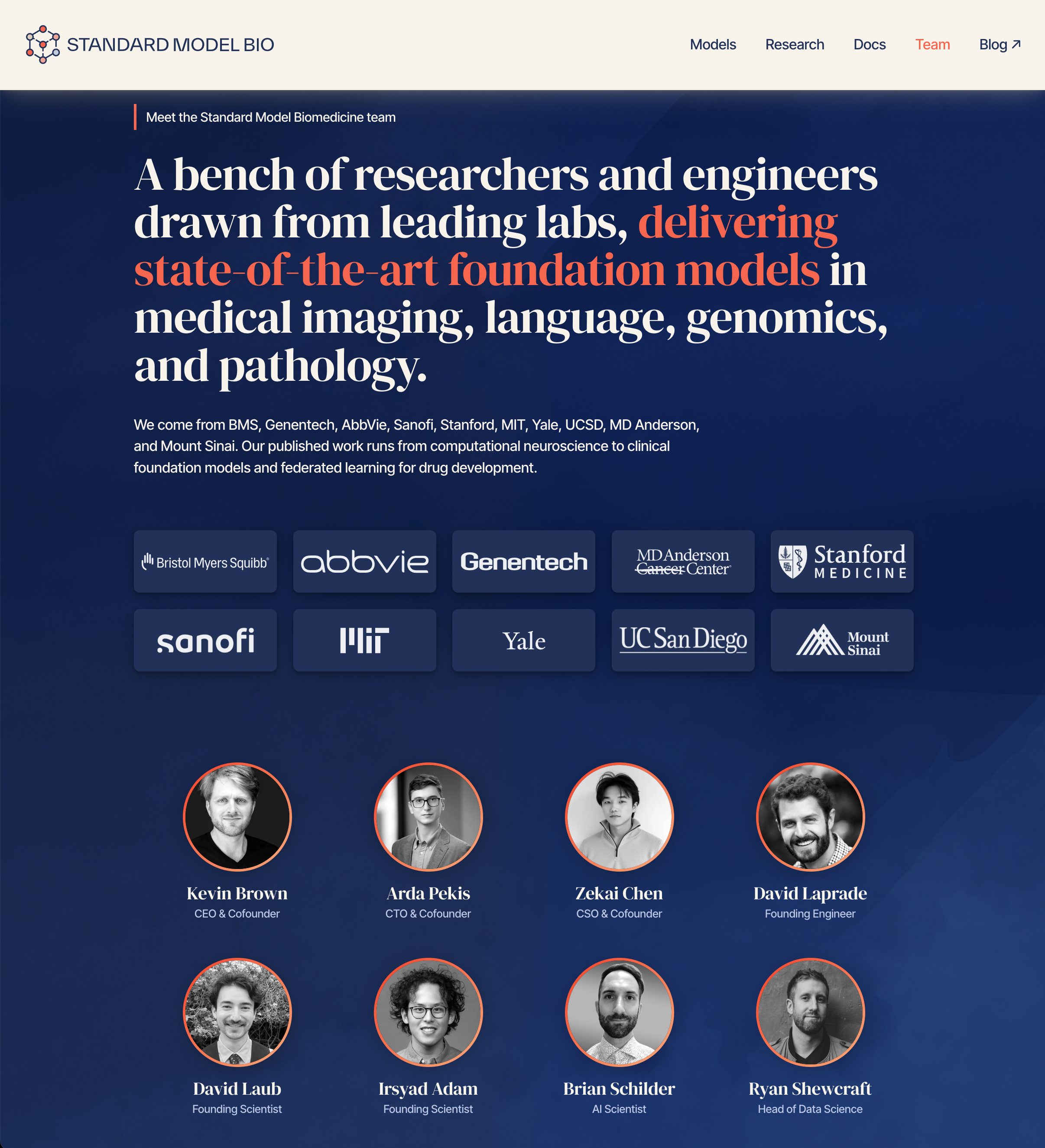 Standard Model Bio website — team & backers